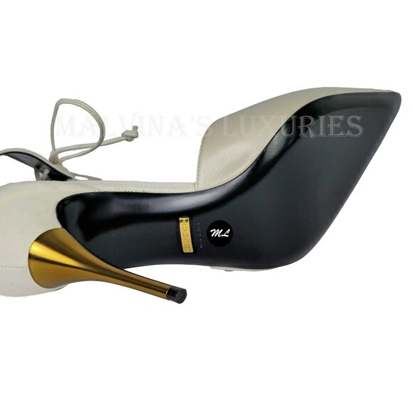 GUCCI SHOES PUMPS WITH ANKLE CUFF GOLD HIGH HEEL WHITE LEATHER sz 41.5 11.5 - Picture 13 of 15